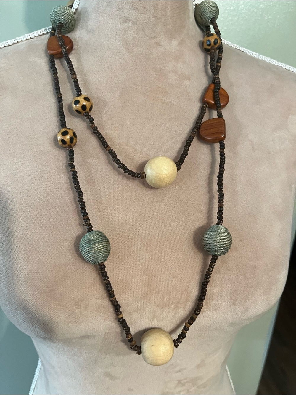 Layered Wooden & Wrapped Bead Necklace in Brown, Cream & Green